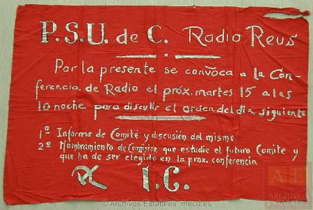 Bandera informativa de Radio Reus que se conserva en el Centro Documental de la Memoria Histórica