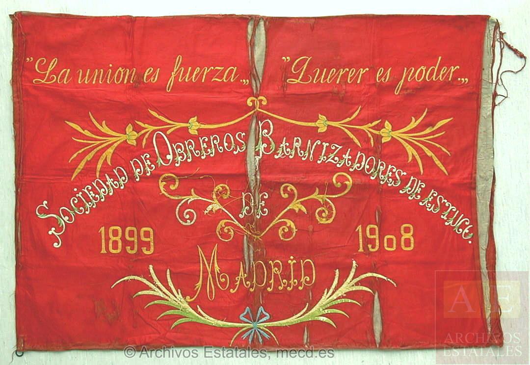 Bandera de la Sociedad de Obreros Barnizadores de Estuco de Madrid de la UGT que se conserva en el Centro Documental de la Memoria Histórica