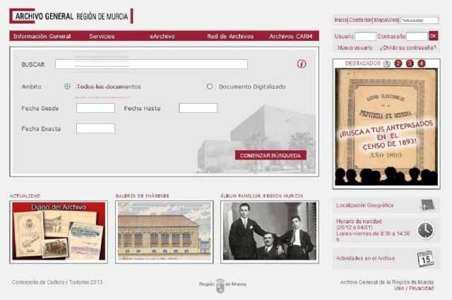 Imagen de la portada digital del Archivo General de la Región de Murcia