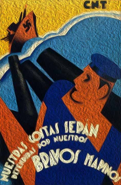 Cartel de la CNT durante la Guerra Civil Española en homenaje a la marina con el texto: Nuestras costas serán defendidas por nuestros bravos marinos